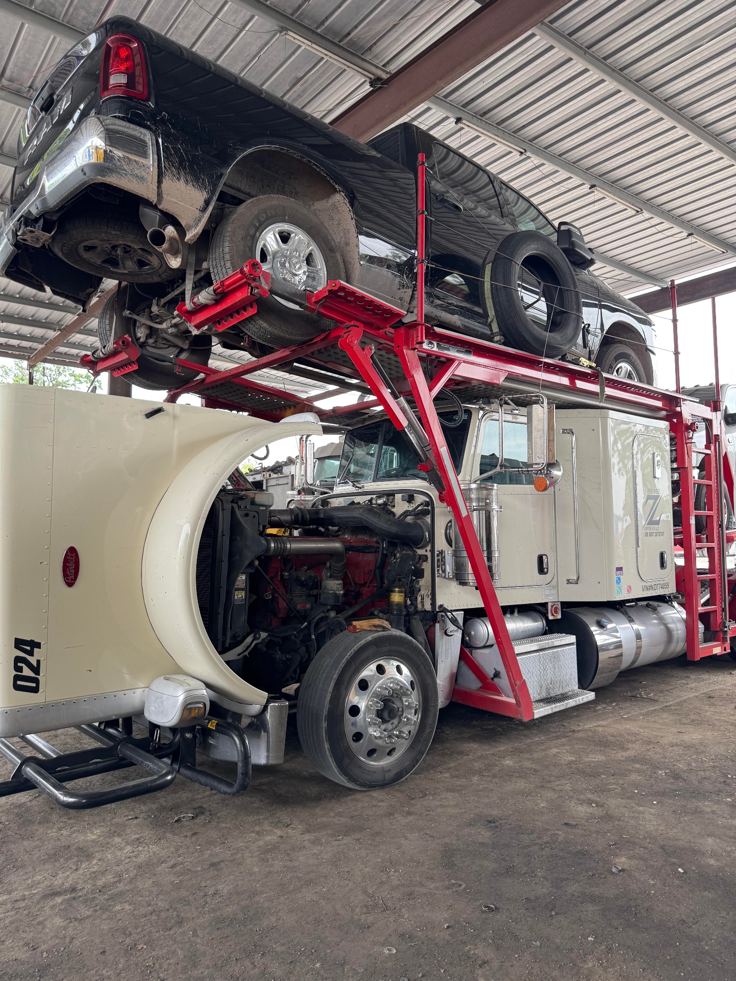 Peterbilt car hauler being serviced